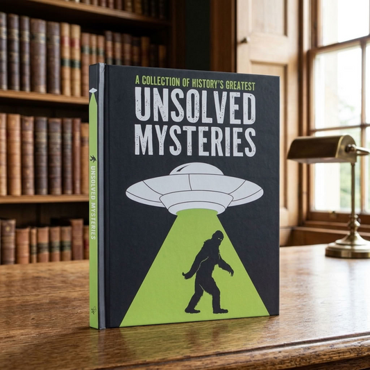 A Collection of History's Greatest Unsolved Mysteries hardback book displayed upright on an aged oak desk in a traditional country house library