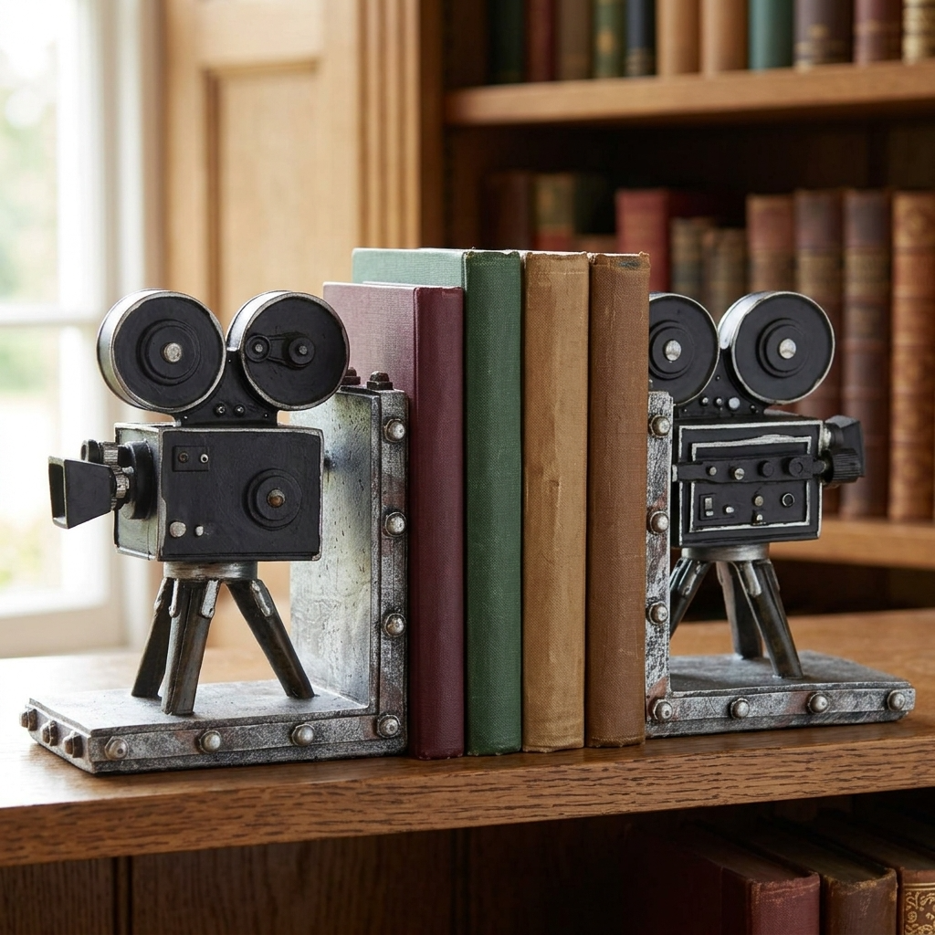 Vintage film camera bookends styled with classic hardback books on an aged oak bookshelf in a traditional country house study.