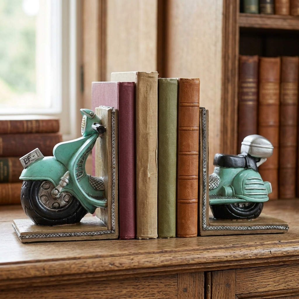 Vintage green scooter bookends displayed with classic books on an oak shelf in a traditional country house library