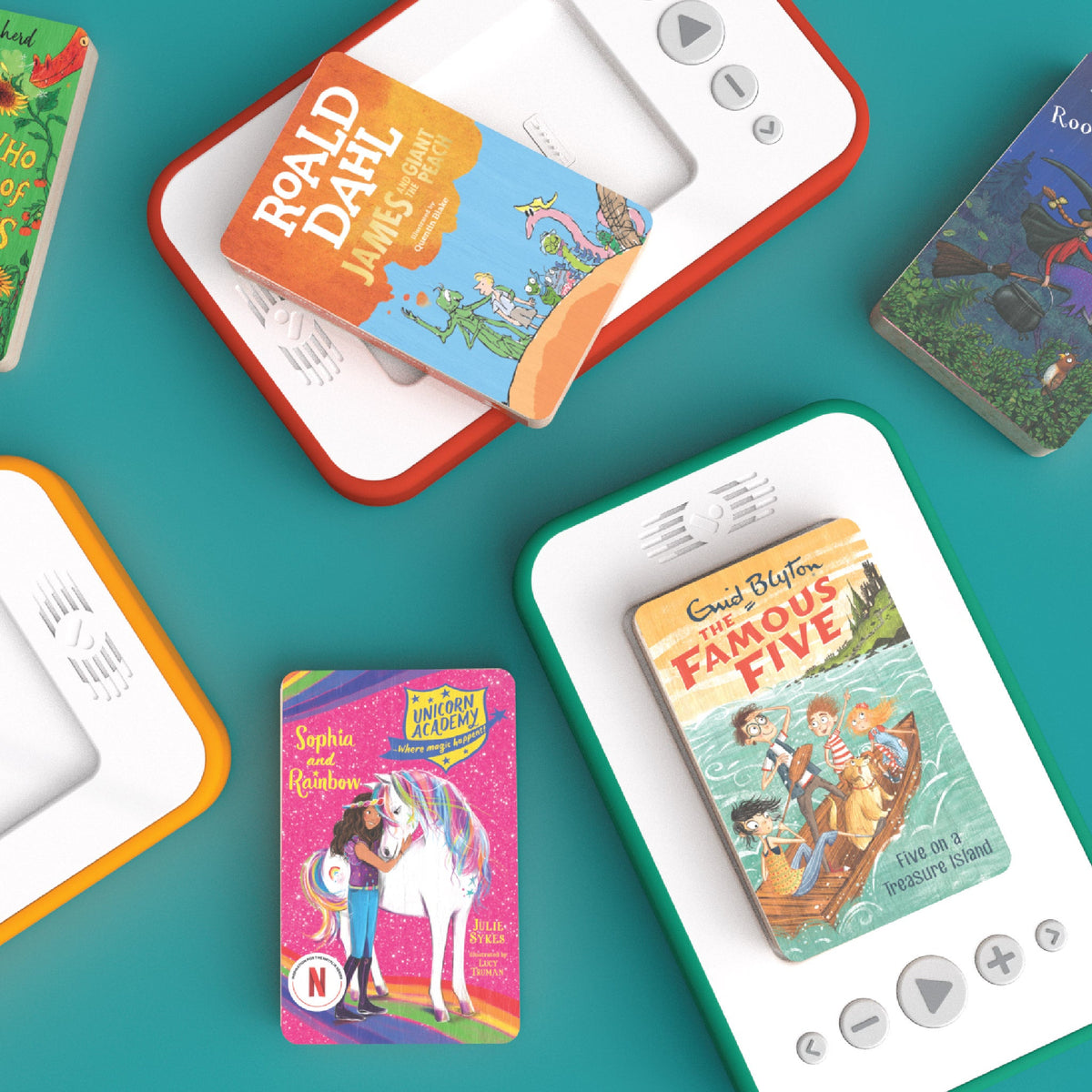 Voxblock player with colourful children's audiobook blocks
