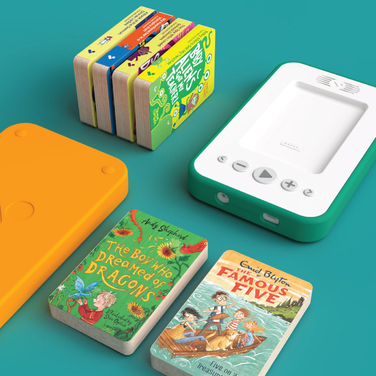Voxblock audiobook player and children's audiobook collection displayed together