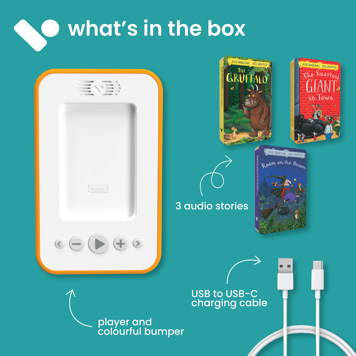 Voxblock audiobook player starter pack showing player, audiobooks, protective bumper and charging cable