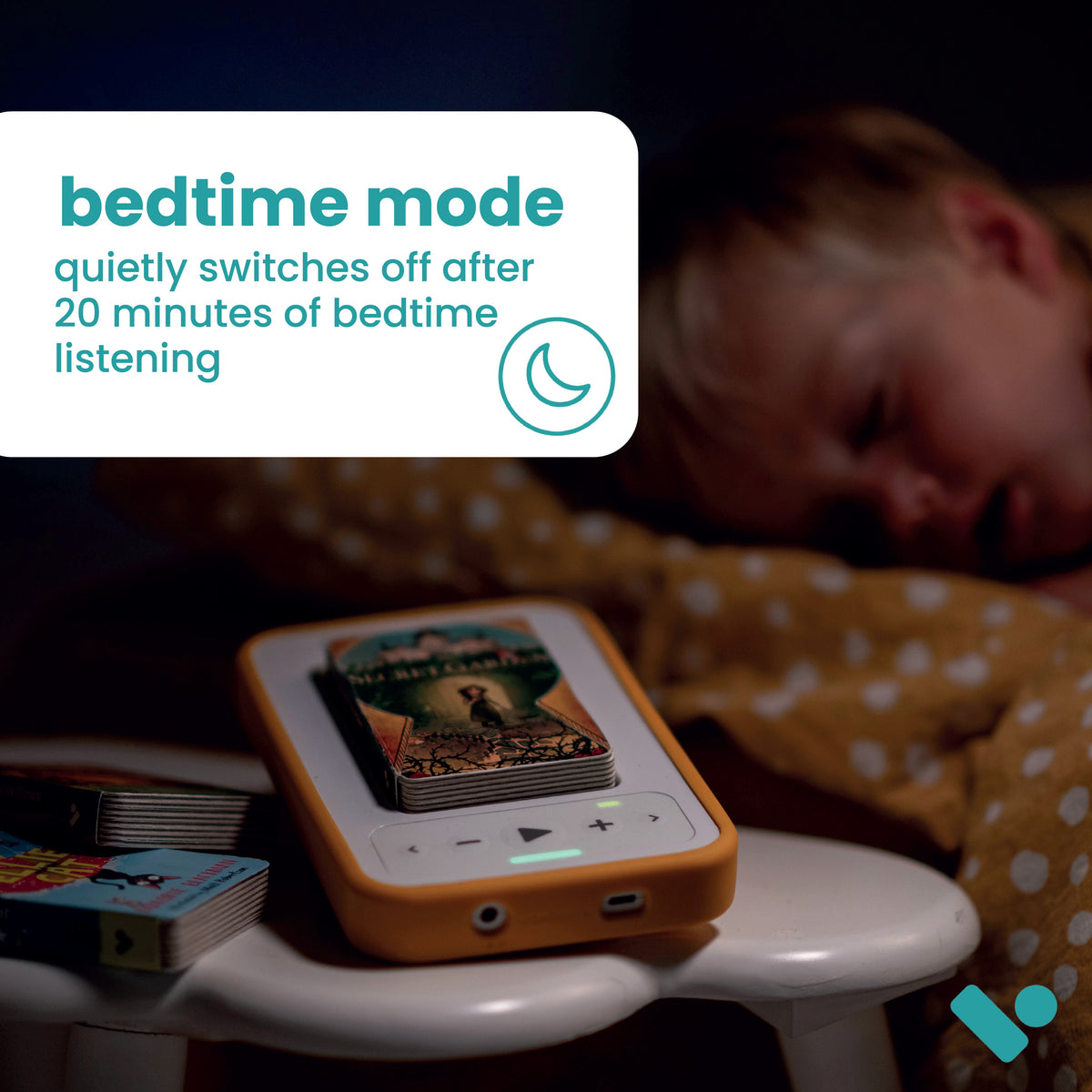 Voxblock audiobook player being used for bedtime story listening