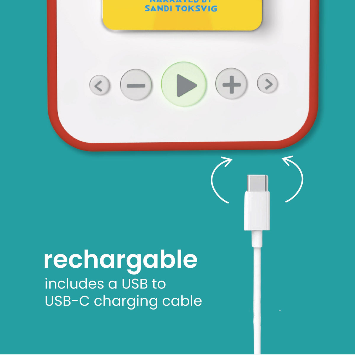 Rechargeable Voxblock audiobook player with USB to USB-C charging cable