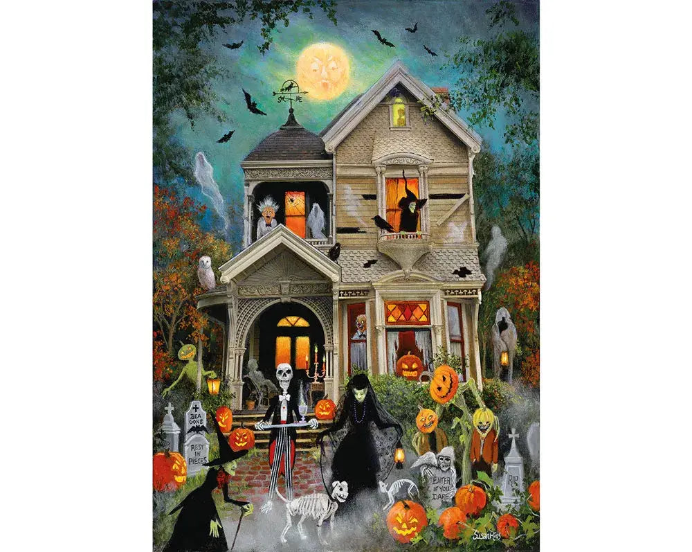 Wentworth An Eerie Welcome Halloween wooden jigsaw puzzle showing the spooky house artwork by Susan Rios