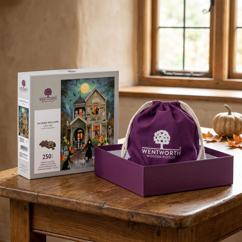 Wentworth An Eerie Welcome wooden jigsaw puzzle with presentation bag in a warm country home setting