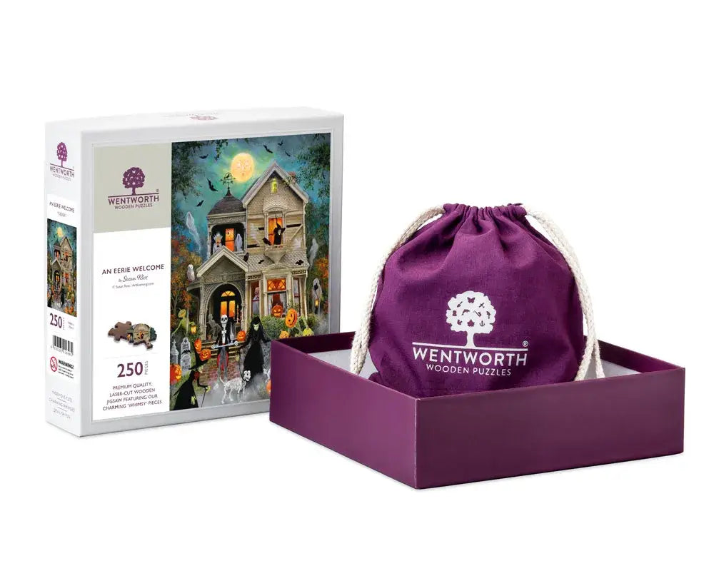 Wentworth An Eerie Welcome 250 piece wooden puzzle with presentation box and purple drawstring bag