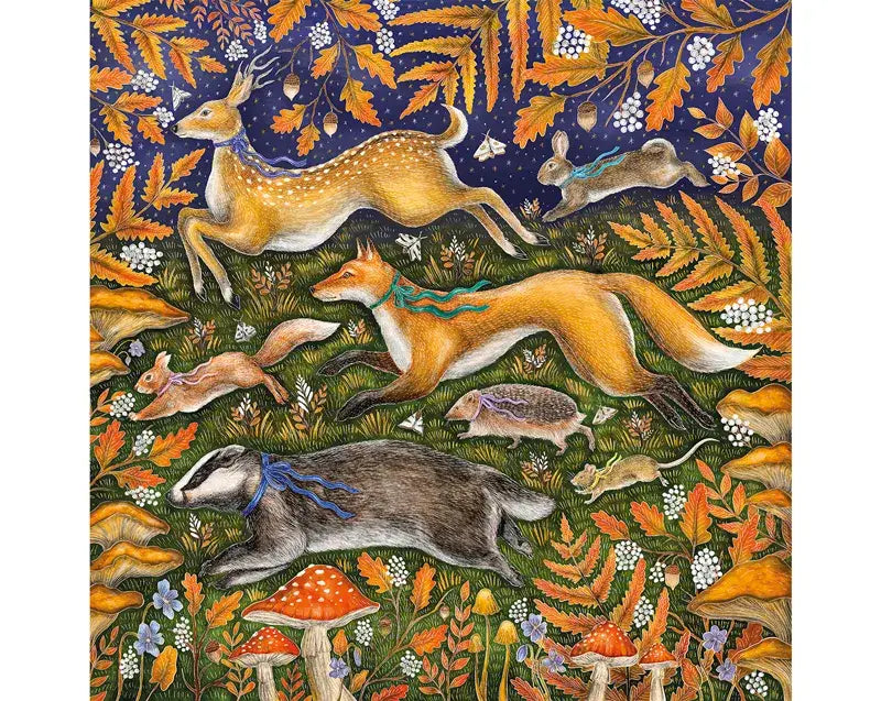 Wentworth Autumn Gathering wooden jigsaw puzzle featuring Catherine Rowe's colourful autumn woodland wildlife artwork