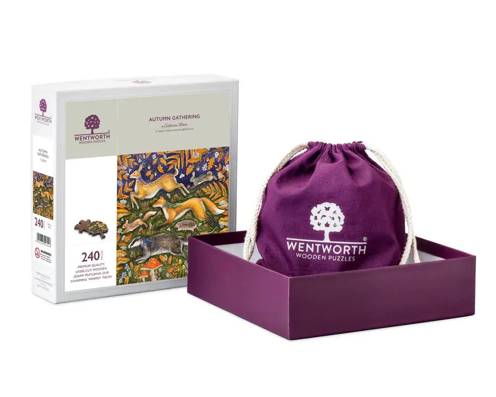 Wentworth Autumn Gathering 240 piece wooden jigsaw puzzle with presentation box and plum drawstring bag