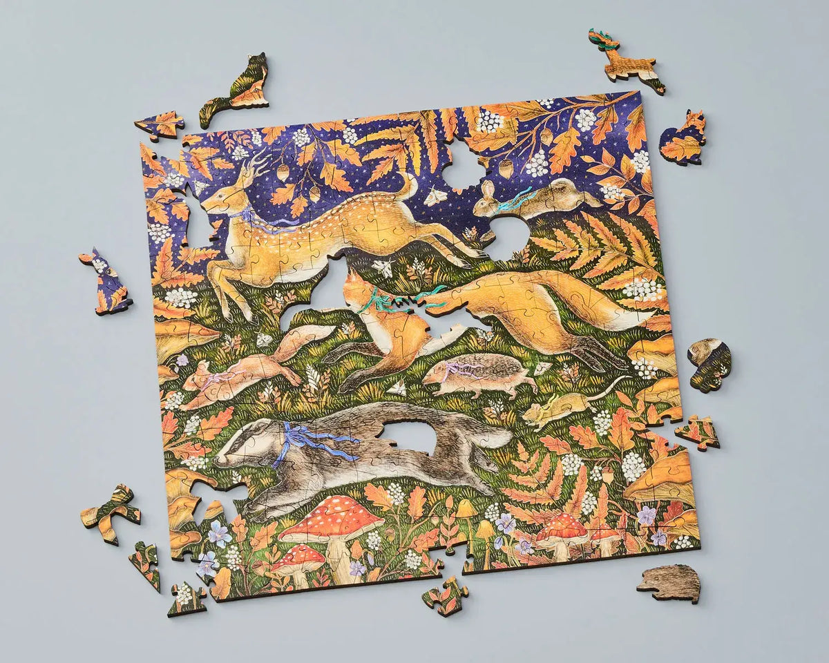 Wentworth Autumn Gathering 240 piece wooden jigsaw puzzle showing irregular pieces and themed shaped whimsies