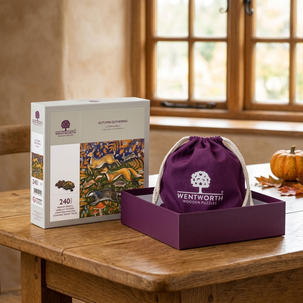 Wentworth Autumn Gathering 240 piece wooden jigsaw puzzle with presentation bag in a warm country home setting
