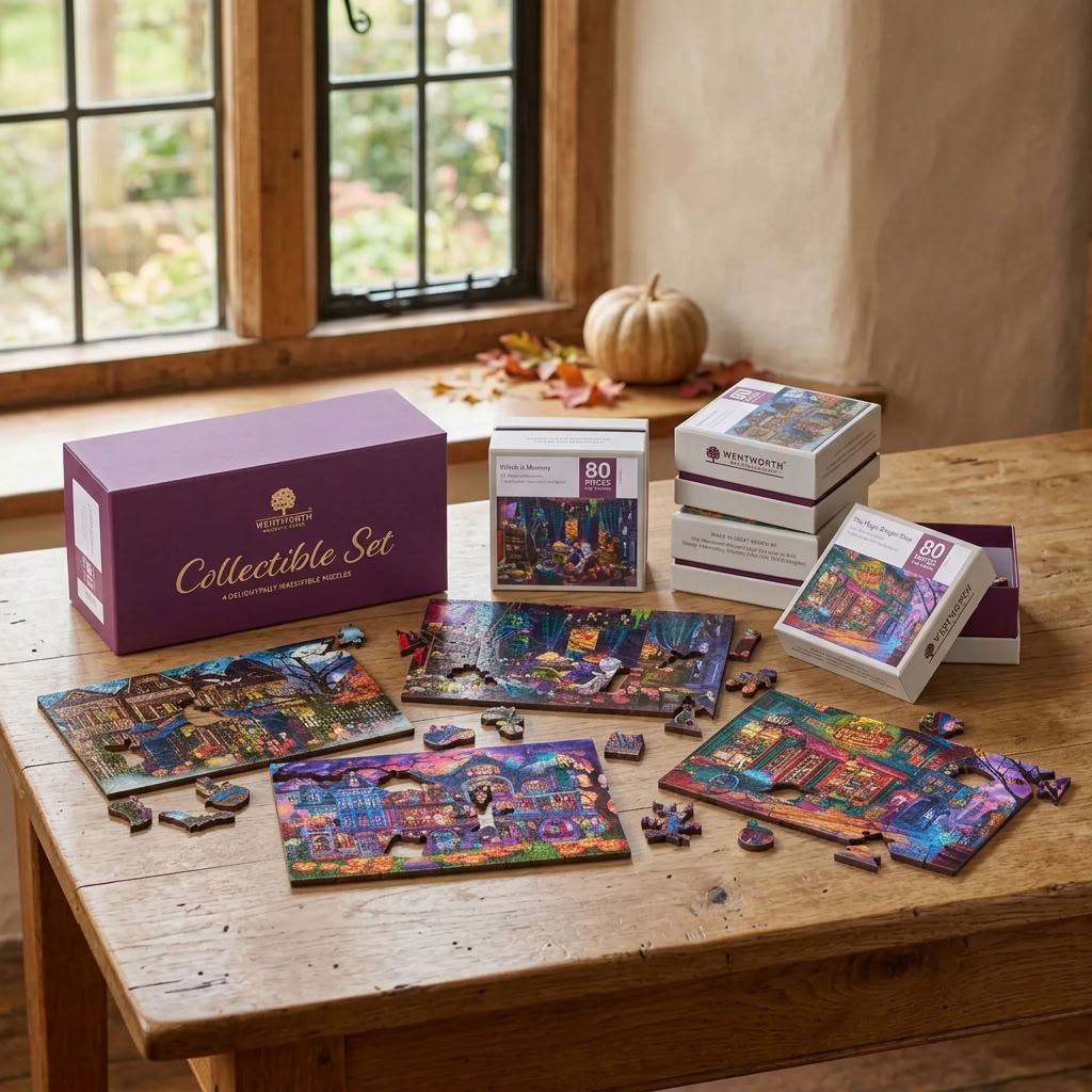 Wentworth Collectible Set of four mini wooden jigsaw puzzles with presentation box in a warm country home setting