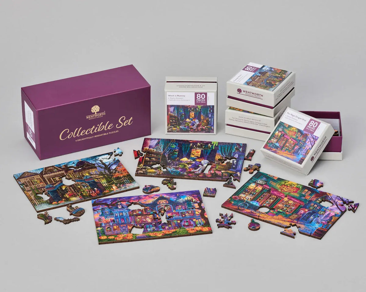 Wentworth Spooky Season collectible gift set with four 80 piece wooden Halloween jigsaw puzzles and plum presentation box
