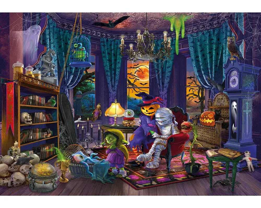 Wentworth Spooky Season 80 piece wooden jigsaw puzzle featuring a richly detailed Halloween interior by Bigelow Illustrations