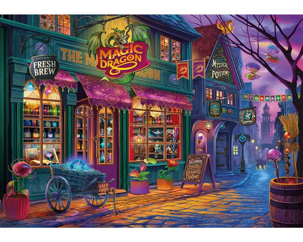 Wentworth Spooky Season 80 piece wooden jigsaw puzzle featuring a colourful Halloween shop scene by Bigelow Illustrations