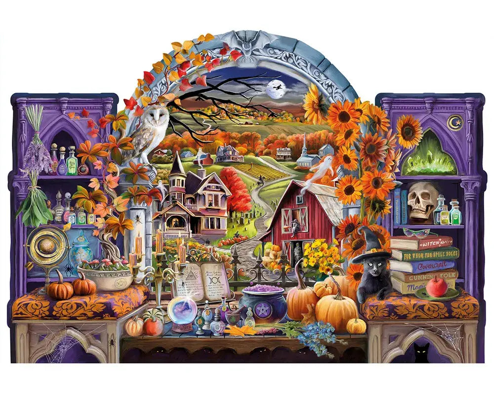 Wentworth Through the Window Halloween wooden jigsaw puzzle showing the completed shaped artwork by Marie August-Anderson