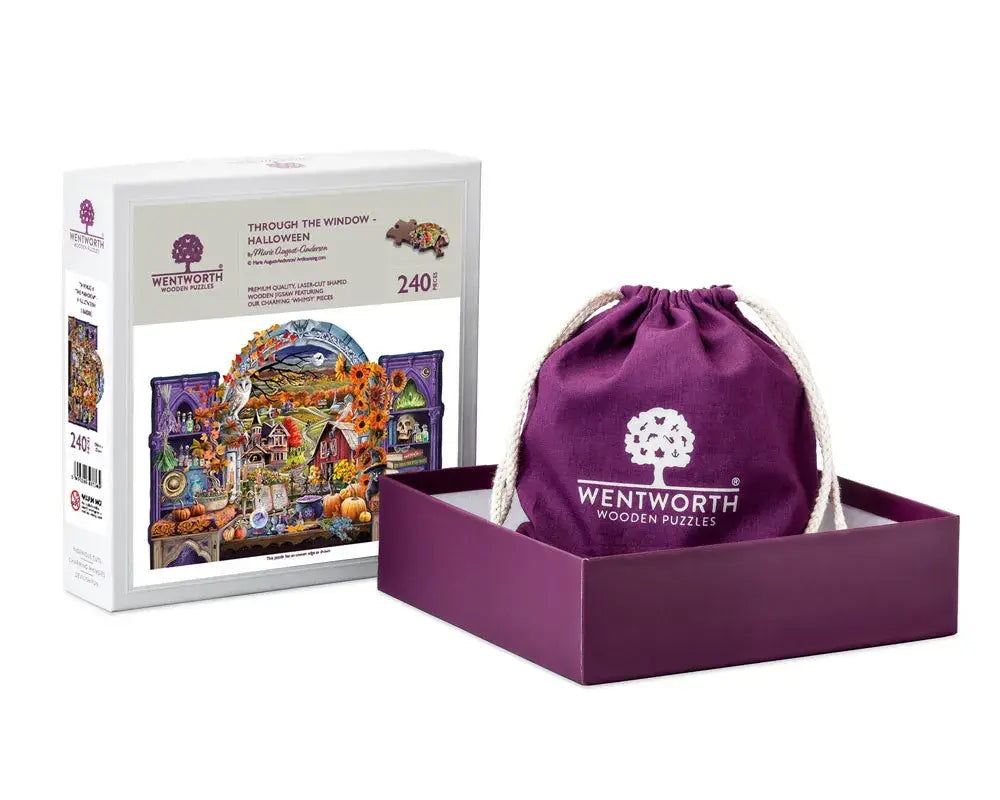 Wentworth Through the Window Halloween 240 piece wooden puzzle with presentation box and purple drawstring bag