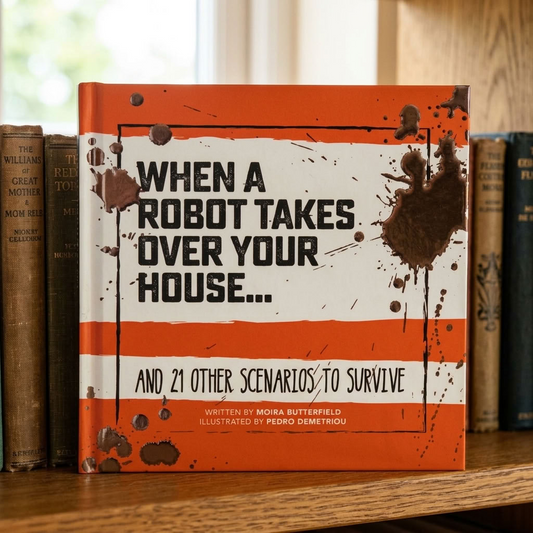 When a Robot Takes Over Your House survival guide displayed upright on a traditional oak bookshelf in an English country cottage