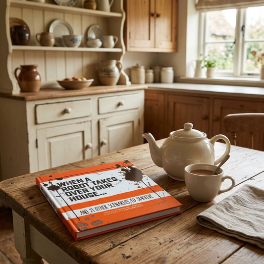 When a Robot Takes Over Your House survival guide resting on a farmhouse kitchen table beside a cream ceramic teapot