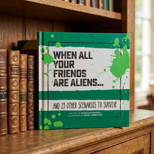 When All Your Friends Are Aliens hardback book displayed upright on a traditional oak bookshelf surrounded by books