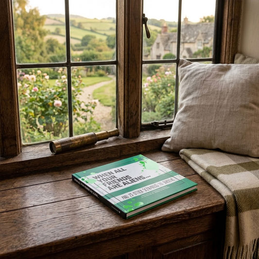 When All Your Friends Are Aliens hardback book resting on a traditional wooden window seat overlooking a countryside garden