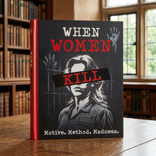When Women Kill true crime hardback book displayed upright on an aged wooden desk in a traditional English country house library