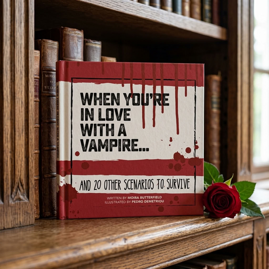 When You're in Love With a Vampire book displayed on a traditional wooden bookshelf with antique books and a red rose