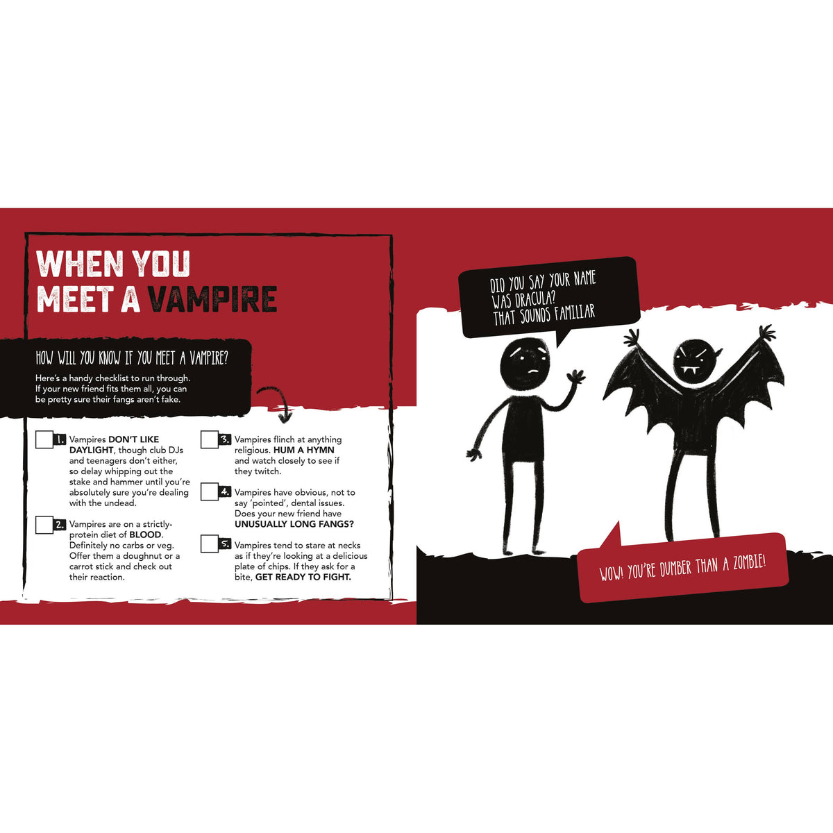 When You're in Love With a Vampire illustrated book displaying a double-page spread with gothic artwork and playful advice about vampires.