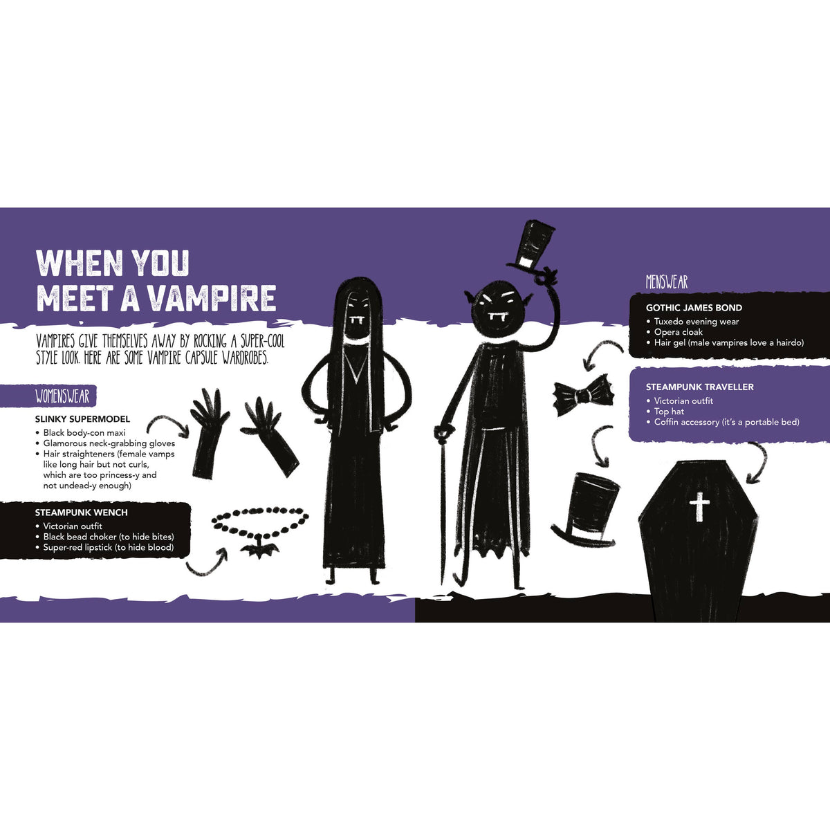 When You're in Love With a Vampire book showing illustrated interior pages with humorous vampire survival advice and black and white artwork.