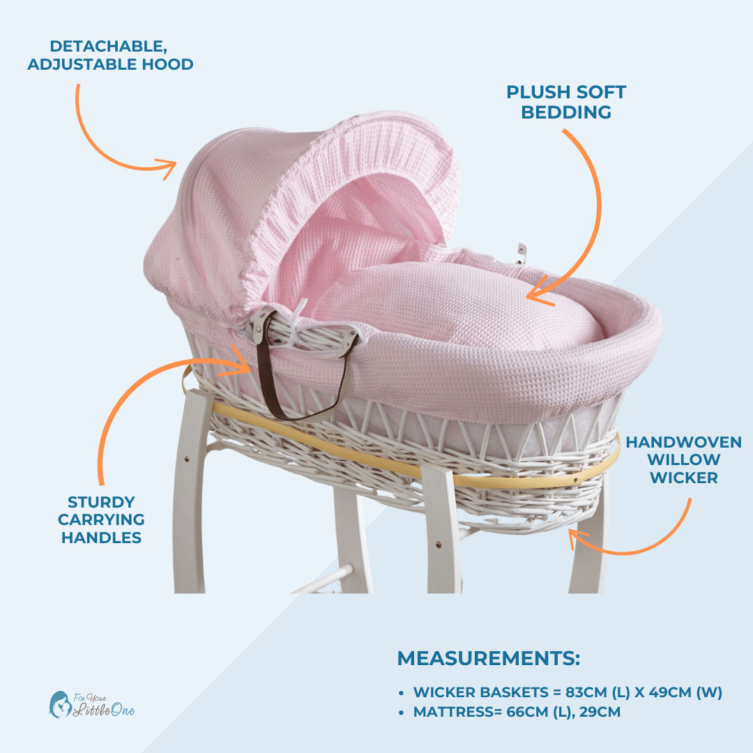 White Dimple Wicker Baby Moses Basket With Stand design and comfort information