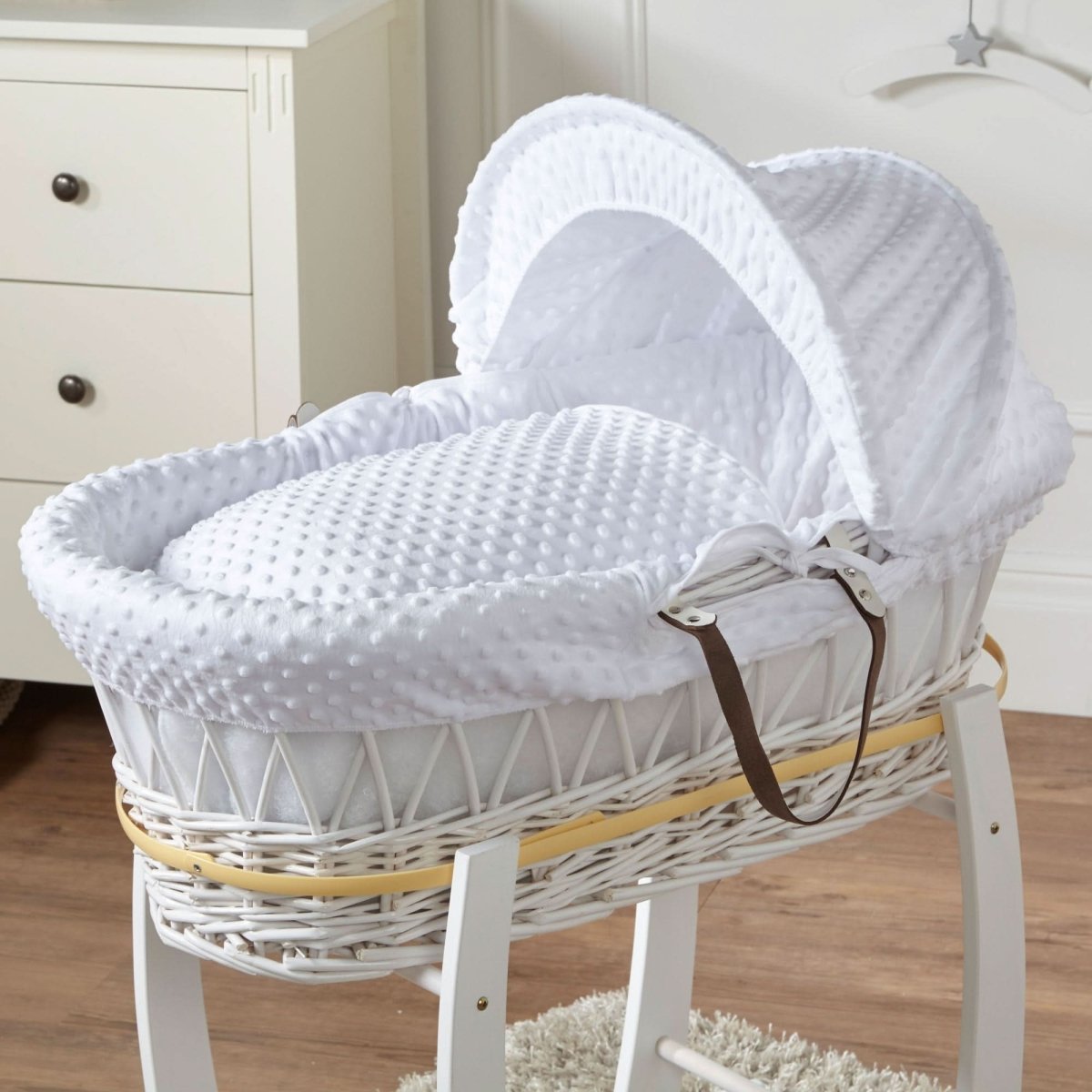 White Dimple Wicker Baby Moses Basket With Stand with white dimple bedding