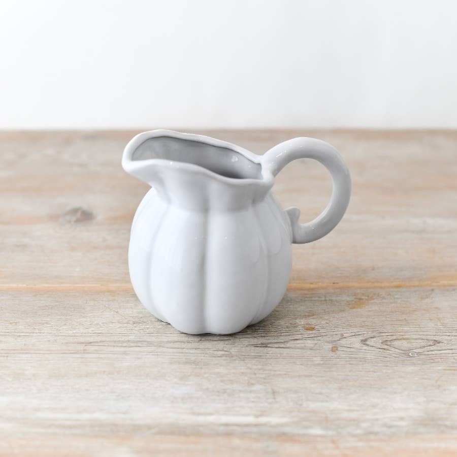 White Pumpkin Ceramic Jug 13cm with ribbed pumpkin-shaped body and curved handle