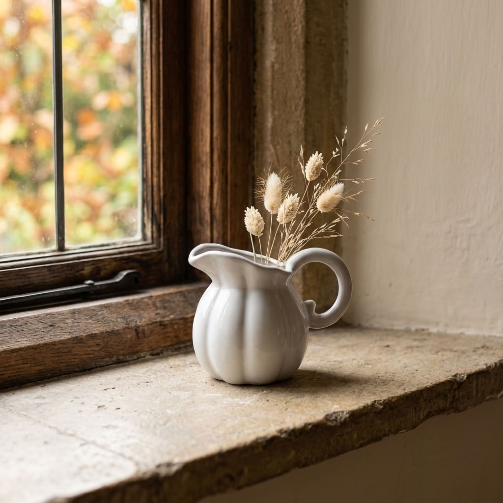 White Pumpkin Ceramic Jug with delicate dried stems styled on an aged stone cottage windowsill