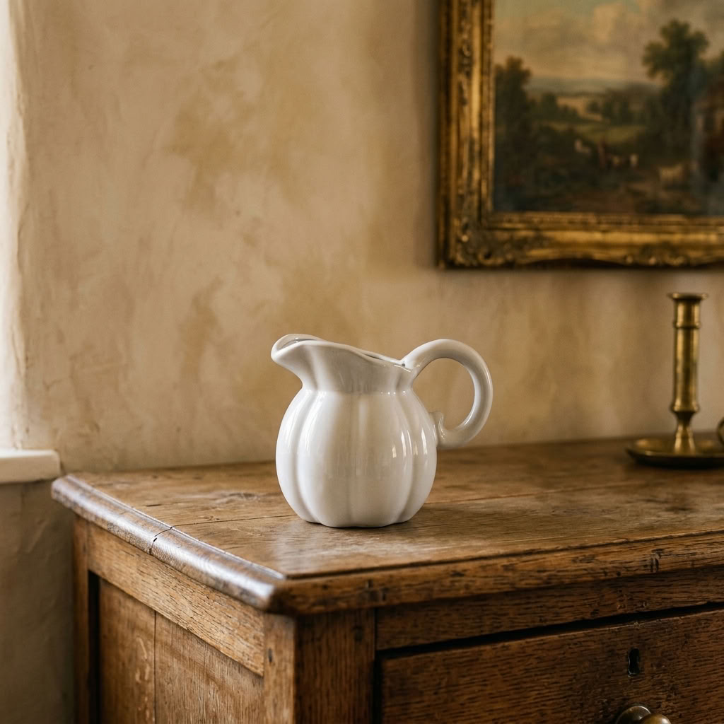 White Pumpkin Ceramic Jug displayed empty on an aged oak dresser in a traditional English country home