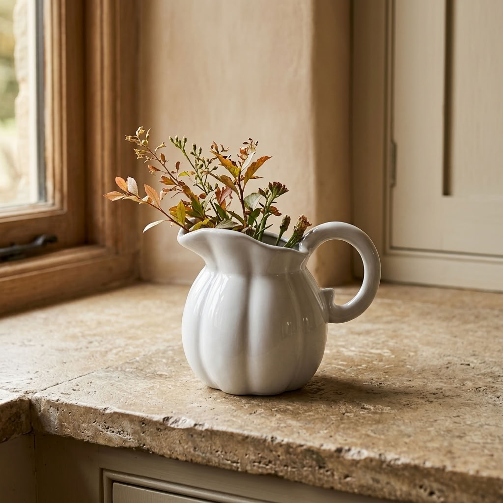 White Pumpkin Ceramic Jug with delicate autumn stems styled on an aged stone worktop in a country kitchen