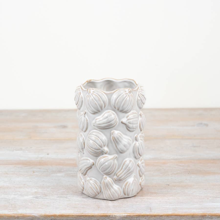White Pumpkin Ceramic Vase 18cm with raised pumpkin detailing