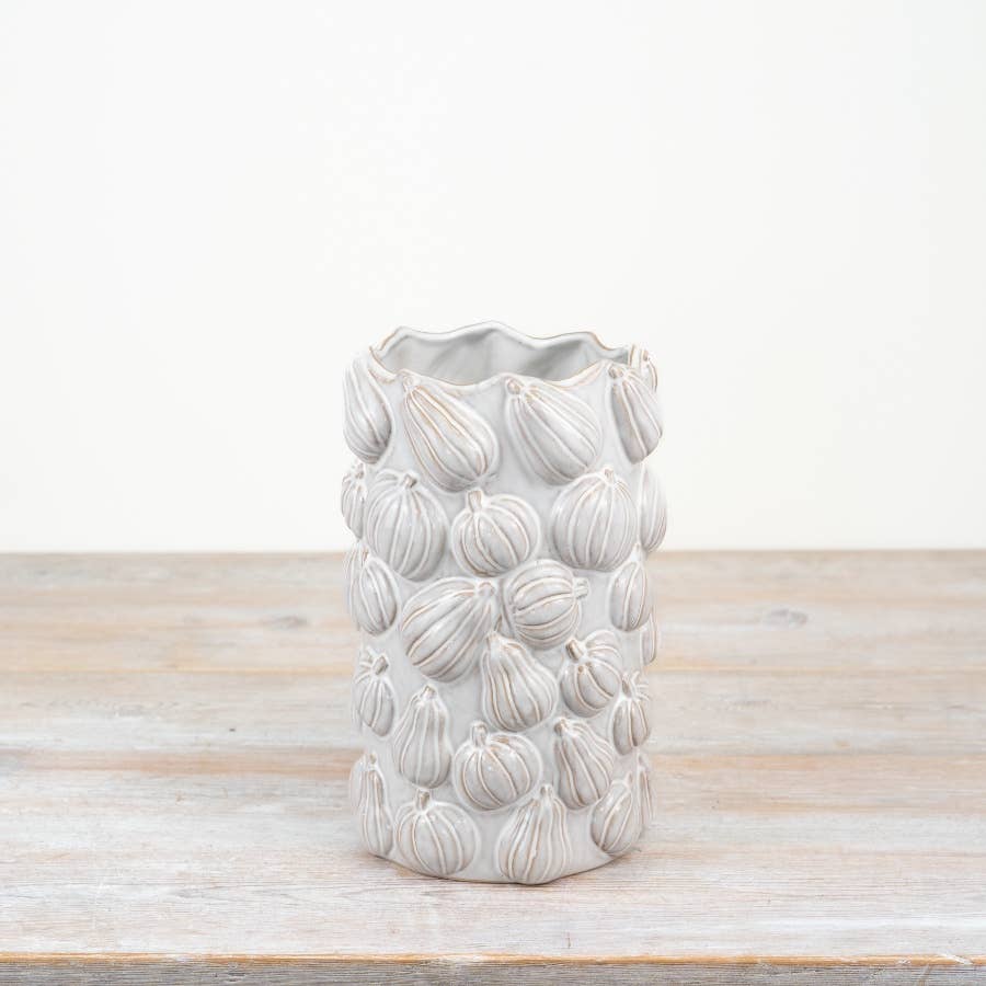 White ceramic flower vase with textured all-over pumpkin design, 24.5cm