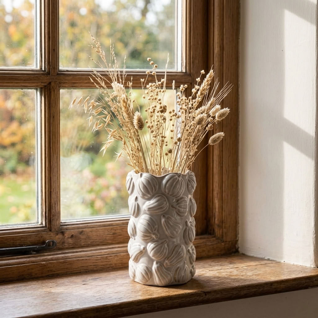 White Pumpkin Ceramic Vase with dried autumn stems displayed on the windowsill of a traditional country cottage