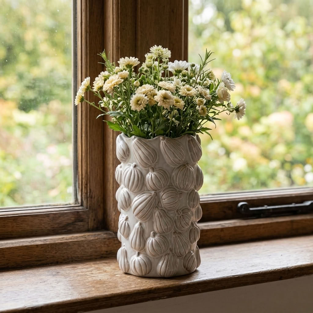 White Pumpkin Ceramic Vase filled with soft cream flowers on a cottage window ledge overlooking an English garden