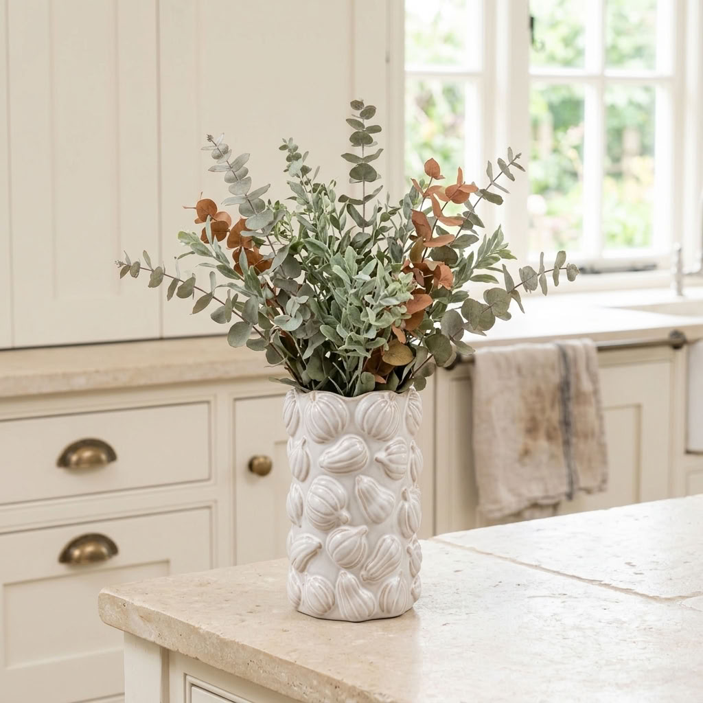 White Pumpkin Ceramic Vase styled with fresh green foliage in a bright traditional country kitchen