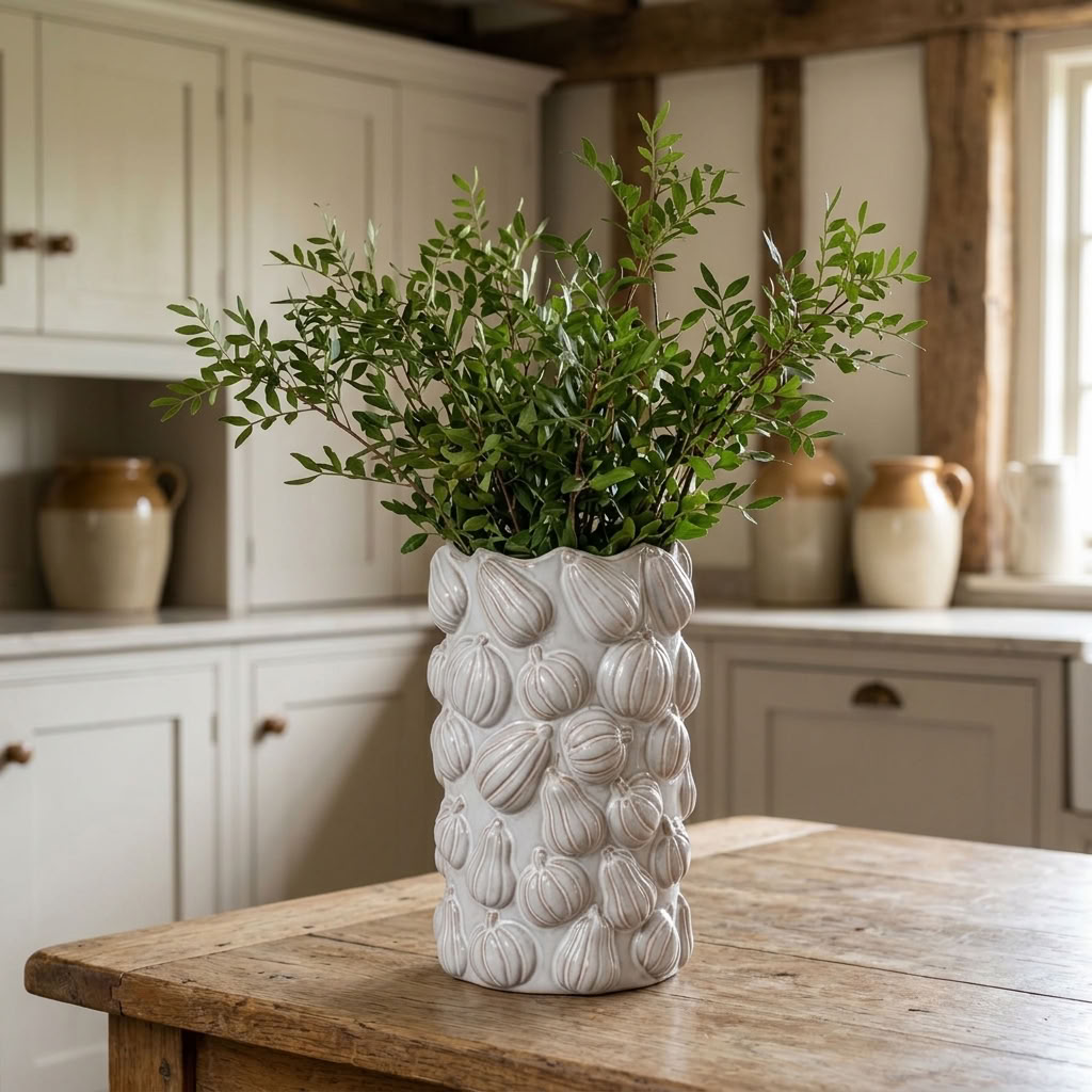 White Pumpkin Ceramic Vase with leafy green branches styled on an oak table in an English country kitchen