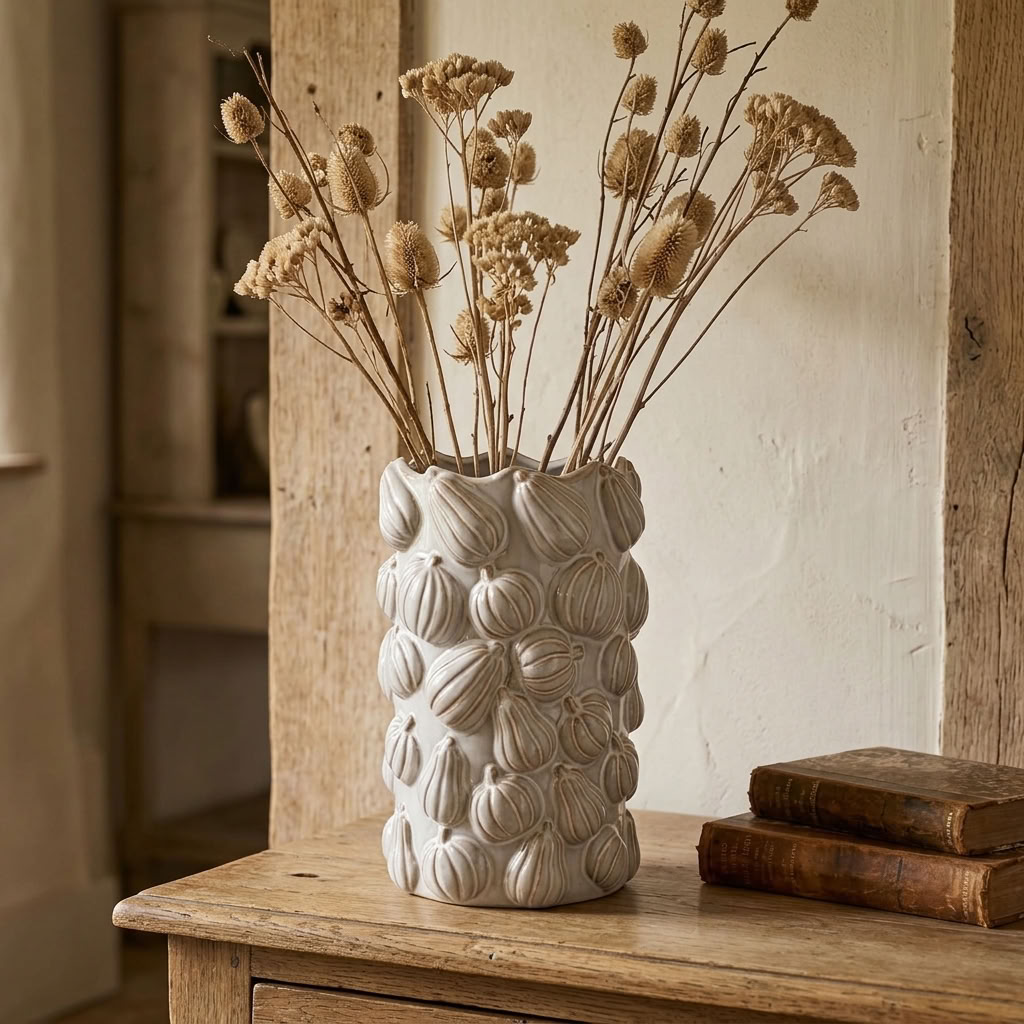 White Pumpkin Ceramic Vase filled with dried autumn stems and styled with vintage books on an antique oak dresser