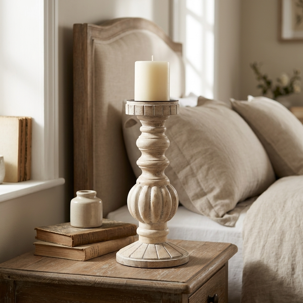 White Washed Candle Stand 30cm with ivory candle styled on a wooden bedside table in a country bedroom