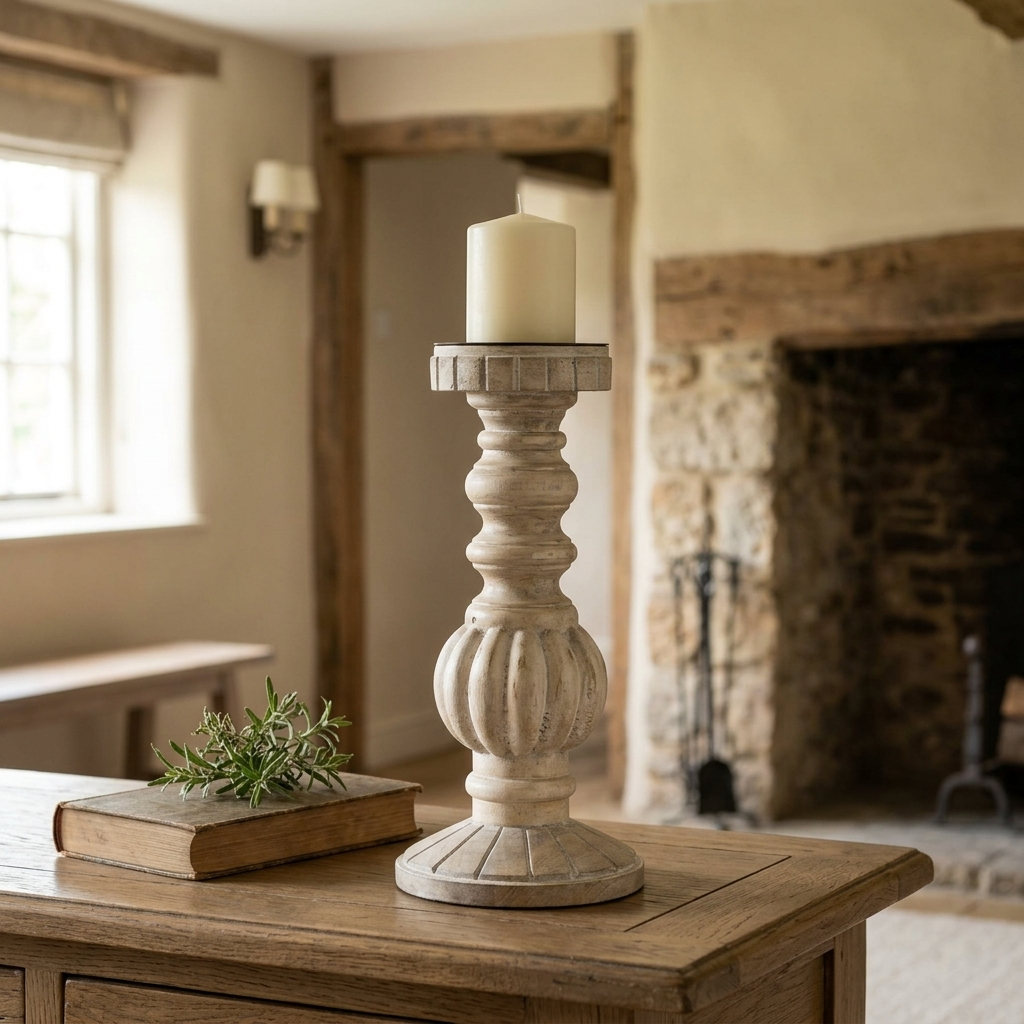 White Washed Candle Stand 30cm with ivory candle styled on an aged wooden table in an English country cottage