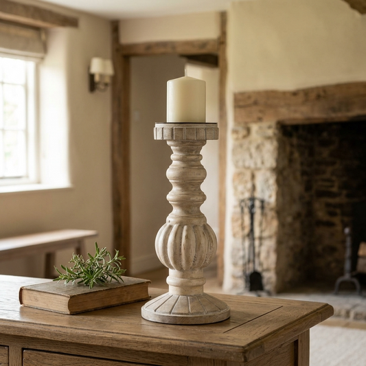 White Washed Candle Stand 30cm with ivory candle styled on an aged wooden table in an English country cottage
