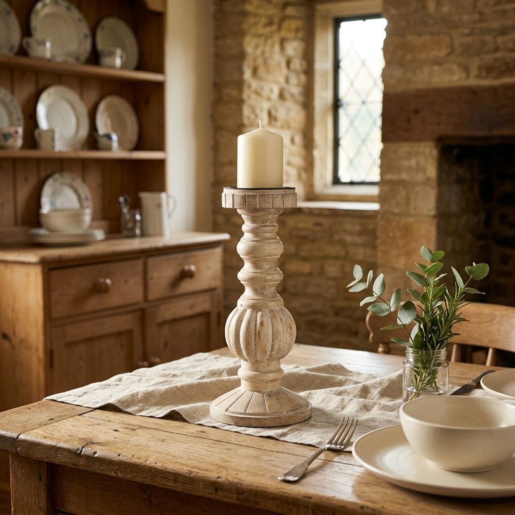 White Washed Candle Stand 30cm with ivory candle displayed on a farmhouse dining table in an English country home