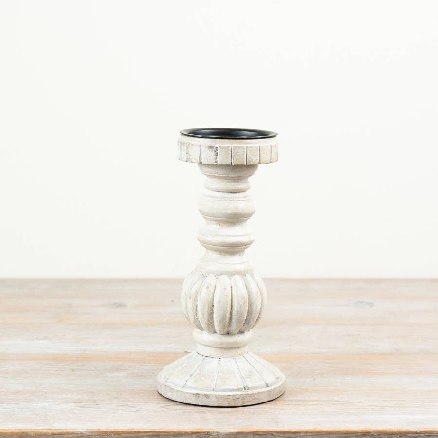 Whitewashed wood and iron candle stand with turned detailing, 25cm