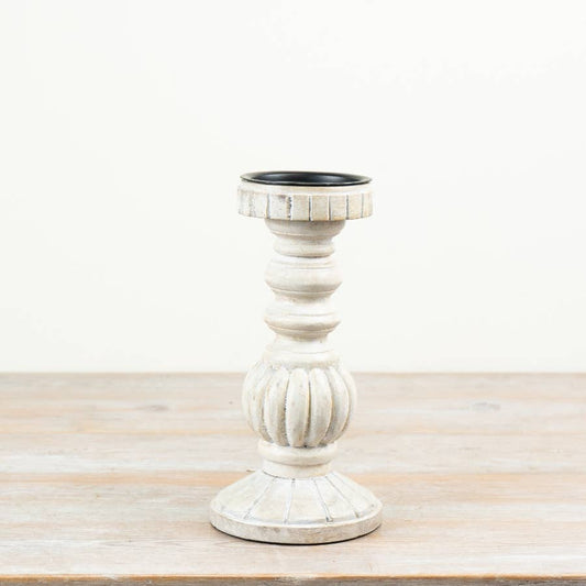 Whitewashed wood and iron candle stand with turned detailing, 25cm
