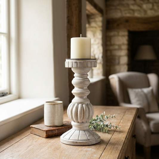 Whitewashed Wood & Iron Candle Stand with ivory candle styled on an aged wooden table in an English country cottage
