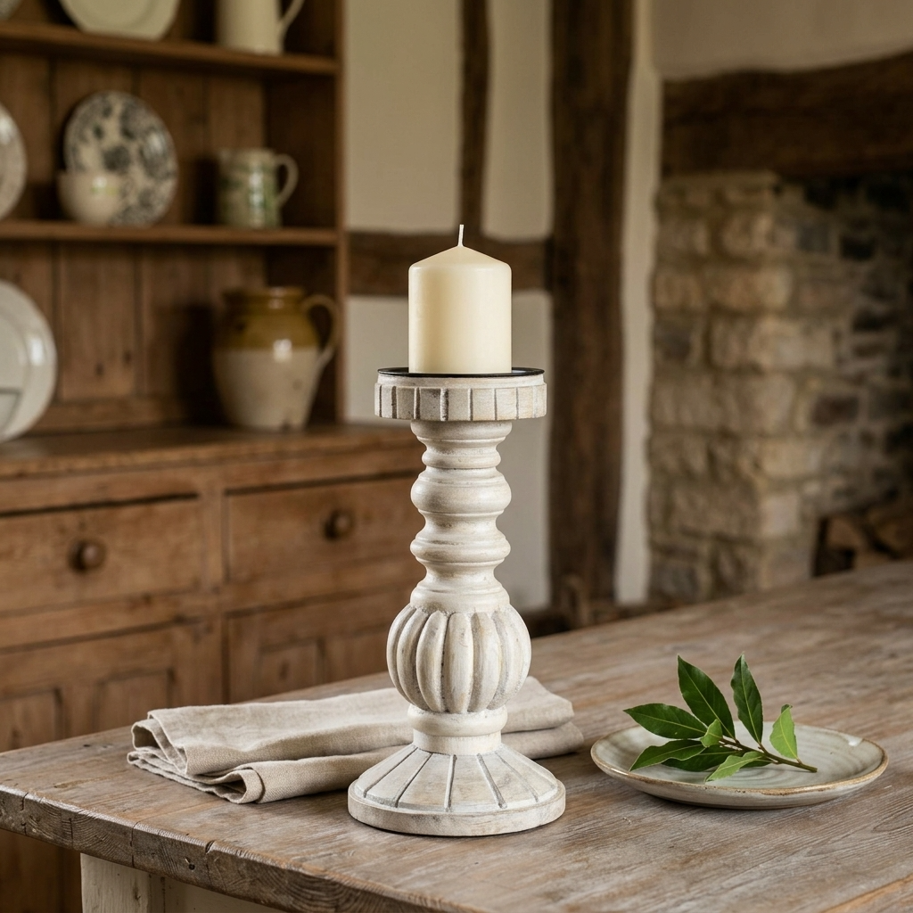 Whitewashed Wood & Iron Candle Stand with ivory candle displayed on a rustic dining table in an English country home